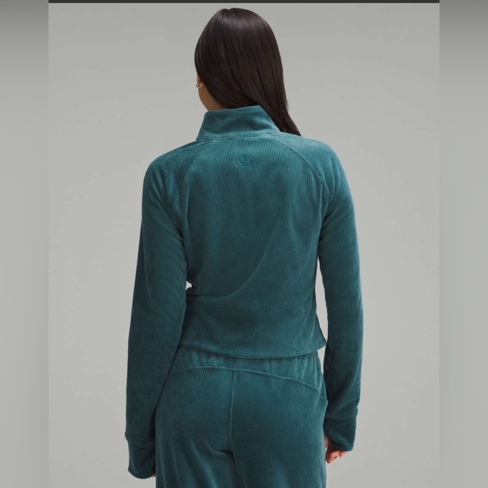 Lululemon Scuba Track Jacket Velvet Velour Cord Storm Teal Cotton Jersey sz8 - Picture 2 of 7